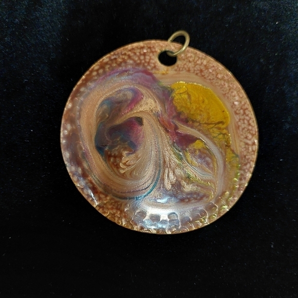 Vintage* 70s Jules Perrier Handmade Swirled Enamel Pendant with Pierced Earrings - Picture 2 of 6